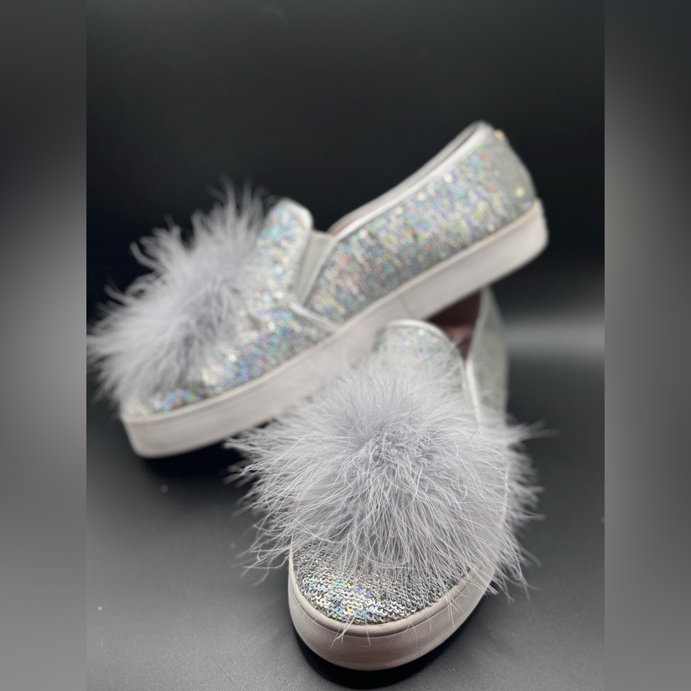 Kate Spade New York Glitter Slip-On Sneakers with Pom Poms –Silver Sparkle SZ8 - Picture 3 of 6